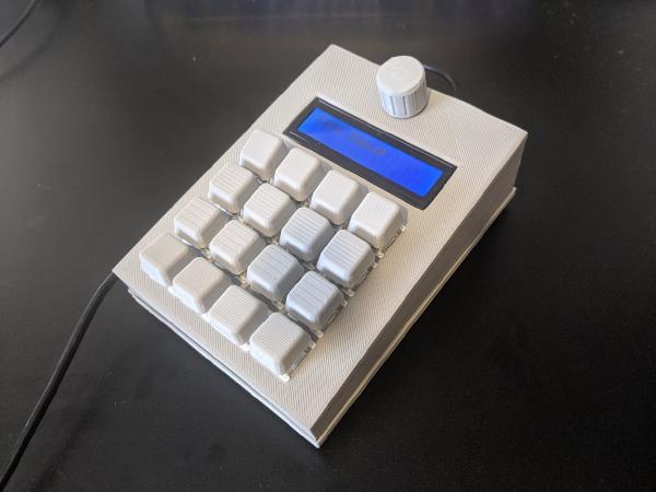 Final assembled hotkey keyboard with the LCD display on