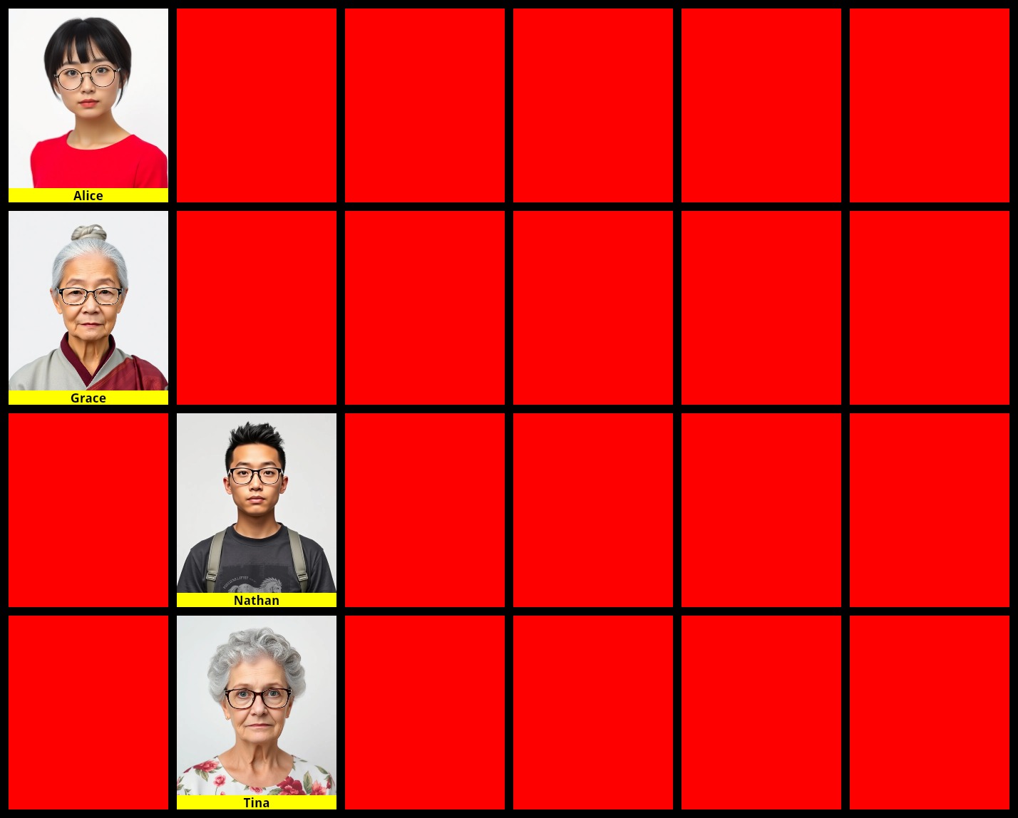 A grid of 24 portraits but most of them are blocked by red rectangles. The only characters visible are wearing glasses.