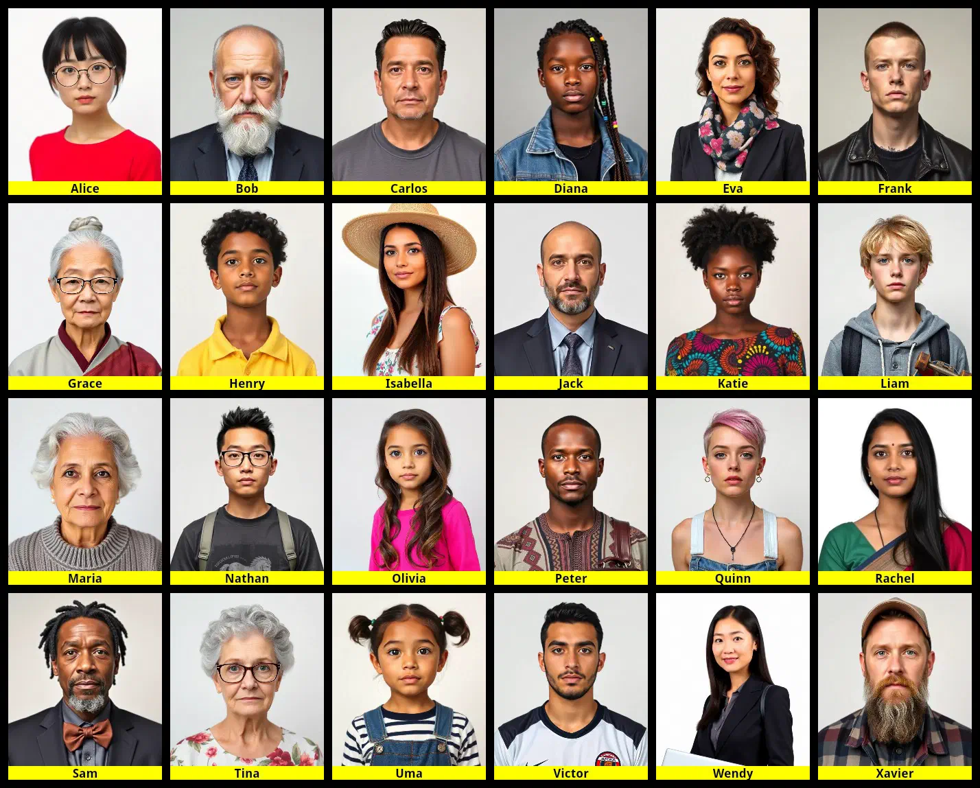 A grid of 24 diverse characters organized in 4 rows and 6 columns.