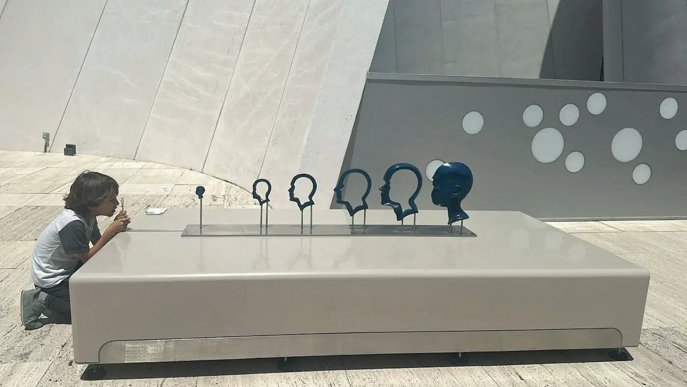 A child looking at an anamorphic sculpture from the vantage point. It shows different slices of a head that completes the image only from the vantage point.