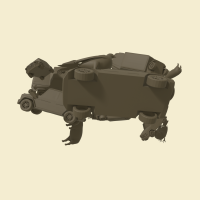 Dozens of car, pig and pigeon meshes floating in space, lining up into the outline of a pig from a single viewpoint.